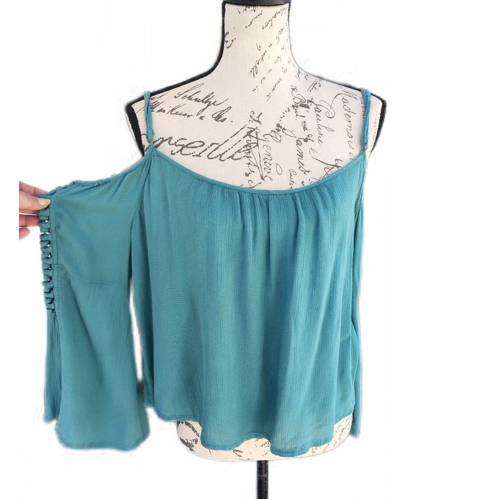 Roxy Paradise Ocean Solid Cold Shoulder Gauzy Top Teal Green Boho Bell Sleeve M
